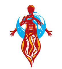Vector illustration of human being standing, mythic ancient god. Prometheus surrounded by a water ball, water and fire diversity and harmony.