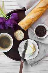 French breakfast with coffee,jam and baguette