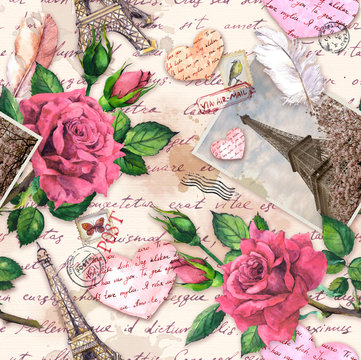 Hand written notes, paper hearts, vintage photo of Eiffel Tower, red rose flowers, postal stamps, feathers. Seamless pattern about France, Paris for Valentine day, wedding design