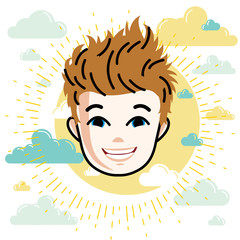 Boy face, human head. Vector character, happy red-haired teenager with stylish haircut.