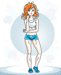 Young beautiful red-haired sporty woman standing. Vector character wearing shorts. Sport and fitness theme.