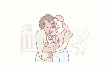 Lovely lesbian family. Two adult women and small baby standing together in the children s room at home. Wife and wife together holding infant. Gay parents with child. Homosexual couple with baby
