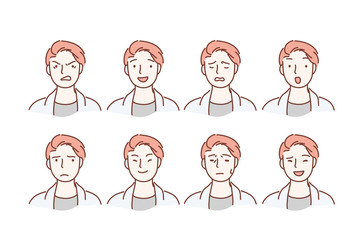 Handsome guy portrait with different facial expressions set isolated on background. Young boy smiling, happy, kind, greeting emotion happy, anger, laugh, surprise, cheerful, angry, unhappy, joy, sad