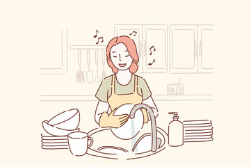 Young woman washing dishes and listening to music in the kitchen in a good mood. Cheerful girl doing cleaning and singing a song at home. Cartoon flat Design, Isolated Vector Illustration.