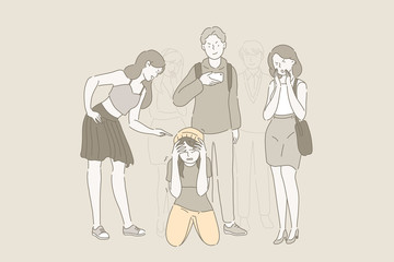 Bullying at school and problem of mockery. Sad teenage girl sitting on floor surrounded by classmates mocking her, taking photos on smartphones scoffing. Сyberbullying. Cartoon flat Design, Isolated