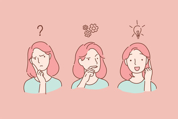 Thoughtful serious young women with hand on him feeling doubt thinks and finds a solution. Brainstorm concept. Businesswoman planning. Cartoon flat Design, Isolated Vector Illustration.