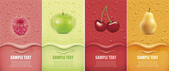 Drinks and juice background with drops and raspberry, apple, cherry, pear	