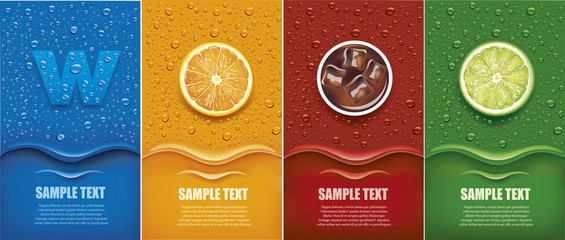 Drinks and juice background with drops and orange and lime slice - obrazy, fototapety, plakaty