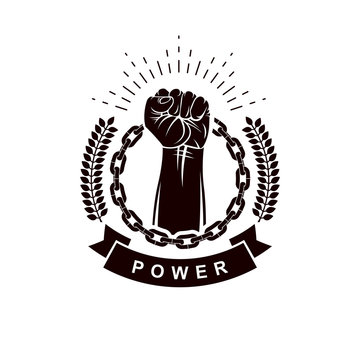 Vector emblem composed using strong muscular raised clenched fist surrounded with iron chain. Can be used as sport team emblem or revolution leader abstract sign.