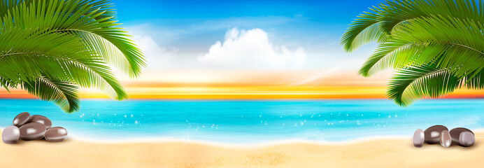 Summer vacation panorama. Tropical beach with a palm tree and blue sea. Vector.