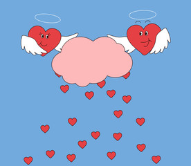 Two hearts hold a cloud from which small hearts come together. Vector illustration.