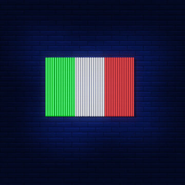 Neon lights of the Italian flag. Bright advertising of the country. Modern vector logo, banner, shield, image of the flag of Italy. Night illustration against a brick wall.