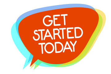 Conceptual hand writing showing Get Started Today. Business photo showcasing lets do it Dont hesitate Now or never Get going No delay Multiline text layer design pattern red background think