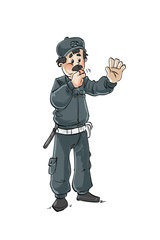 security man doing stop sign with hand