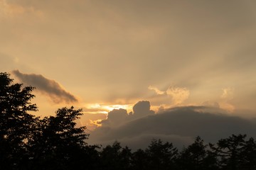 向木場展望台から見る夕日と森のシルエット／ Hinatakoba Observatory in Nagano, Japan