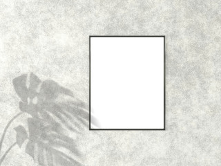 4x5 vertical Black frame for photo or picture mockup on concrete background with shadow of monstera leaves. 3D rendering.