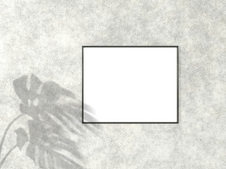 4x5 horizontal Black frame for photo or picture mockup on concrete background with shadow of monstera leaves. 3D rendering.