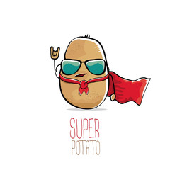 vector funny cartoon cute brown super hero potato with red hero cape isolated on white background. My name is potato vector concept. super vegetable funky character