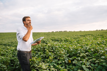 Portrait of young farmer standing in soybean field.