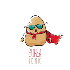 vector funny cartoon cute brown super hero potato with red hero cape isolated on white background. My name is potato vector concept. super vegetable funky character