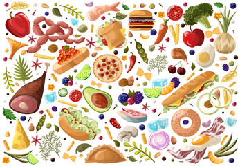 Big Set Food. Vegetables and Meat , fastfood, fish, fruits, sweets and dried fruit hand drawn of healthy food ingredient doodles in vector