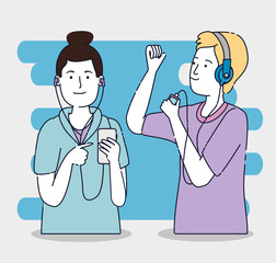 happy boys with modern headphones and mp4