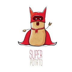 vector funny cartoon cute brown super hero potato with red hero cape isolated on white background. My name is potato vector concept. super vegetable funky character