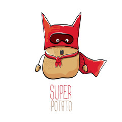 vector funny cartoon cute brown super hero potato with red hero cape isolated on white background. My name is potato vector concept. super vegetable funky character