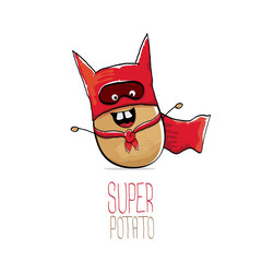 vector funny cartoon cute brown super hero potato with red hero cape isolated on white background. My name is potato vector concept. super vegetable funky character