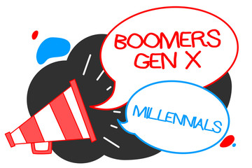 Text sign showing Boomers Gen X Millennials. Conceptual photo generally considered to be about thirty years Megaphone loudspeaker speech bubbles important message speaking out loud