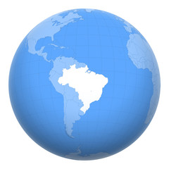 Brazil on the globe. Earth centered at the location of the Federative Republic of Brazil. Map of Brazil. Includes layer with capital cities.