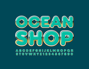 Vector beautiful logo Ocean Shop. Uppercase Golden Font. Elite Alphabet Letters and Numbers