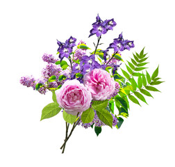 Beautiful floral bouquet consists of lilacs flowers, roses, briar (dog roses) and  bluebell  isolated on white background. Element for design.