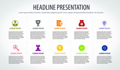 Presentation business infographic template. Colorful icons in 10 different categories and gray background.