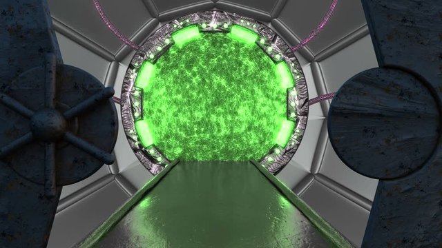 Iron rusty hatch opens panoramic view to the spaceship landscape scene. 3d abstract background of Sci-fi corridor with portal. Futuristic technology abstract VJ for tech titles and background.