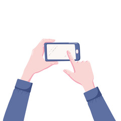 Human hands holding mobile phone, smartphone, touching blank, empty screen with finger, flat style vector illustration isolated on white background. Hands holding mobile phone, pointing on the screen
