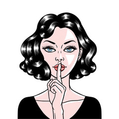 Comic style beautiful young woman holding a finger to her mouth, secret, whisper, psst, pop art, vector illustration - 282852535