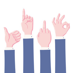 Set of human hands showing gestures - thumb up, pointing index finger, middle finger and okey sign, flat cartoon vector illustration isolated on white background