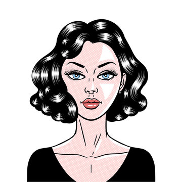 Comic style beautiful young brunette woman, pop-art face close-up, vector illustration