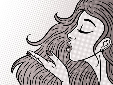 Comic style pop art girl in profile blowing a kiss, beautiful woman, vector illustration