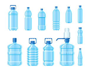 Plastic water bottle blue color set containers of different capacities large small tare. Healthy agua bottles clean water for drinking. Template bottles for advertisement delivery water service vector