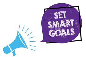 Conceptual hand writing showing Set Smart Goals. Business photo text Establish achievable objectives Make good business plans Megaphone loudspeaker speaking loud screaming purple speech bubble