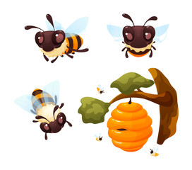Cartoon cute bees character set. Cute bee flying to the hive. Bee hive hanging on a tree vector illustration isolated