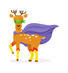 Superhero animal kids with a superhero cape and masks. Brown deer character in super hero costume vector illustration isolated.