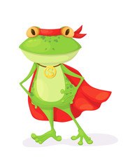 Superhero animal kids with a superhero cape and masks. Green frog character in super hero costume vector illustration isolated.
