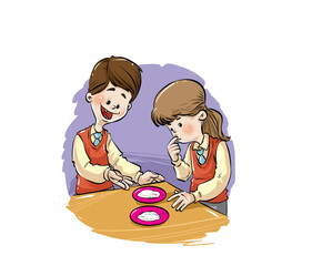 girl and boy looking at two plates