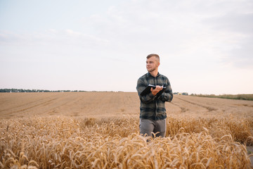 Naklejka na ściany i meble Young attractive farmer with laptop standing in wheat field with combine harvester in background