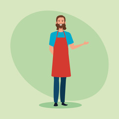 happy salesman with casual clothes wearing apron