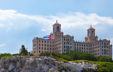 Havana, Cuba-October 07, 2016. Close up viw of Hotel Nacional de Cuba, historic Spanish eclectic style hotel in Havana city. Located on the sea front of the Vedado district, it stands on Taganana Hill