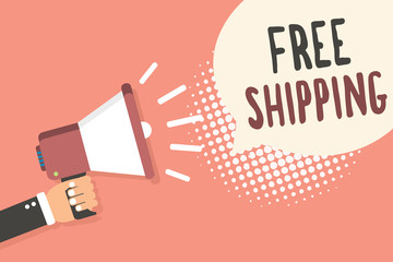 Conceptual hand writing showing Free Shipping. Business photo showcasing Freight Cargo Consignment Lading Payload Dispatch Cartage Man holding megaphone speech bubble pink background halftone